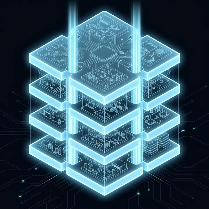 Layered isometric platform decks joined by beams of light