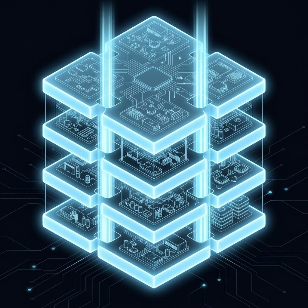 Layered isometric platform decks joined by beams of light